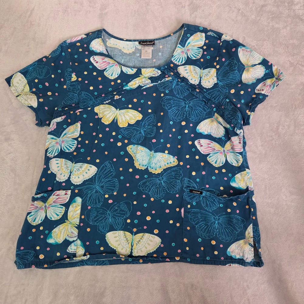 Cherokee Butterfly Polka Dot Scrub Top 2XL Blue Cotton Medical Health Vet Tech